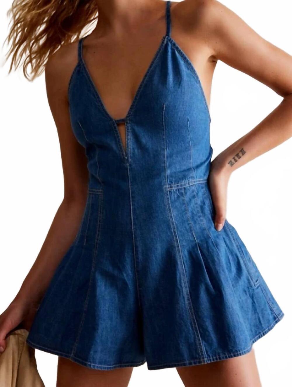 NEW FREE PEOPLE nostalgia ultra shortall dress in blue